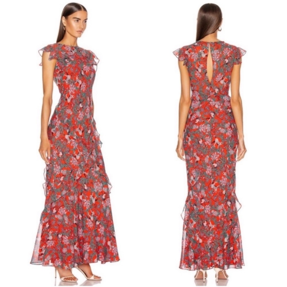 Saloni Tamara B Maxi Dress Gown In Ruby Jungle Monkey Print Ruffle Size 0 Read